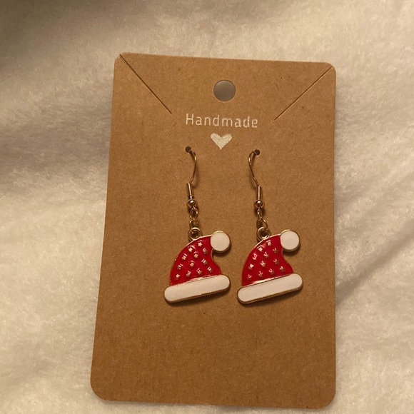 Red Santa Hat White Pom Pom Christmas Dangle Earrings - Picture 2 of 4